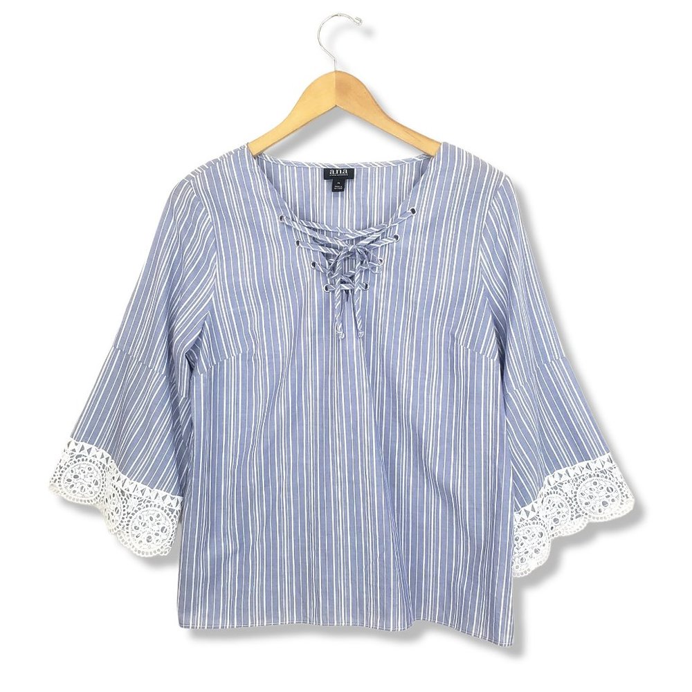 a.n.a Blue and White Lace Trim Cropped Sleeve Blouse Size Medium